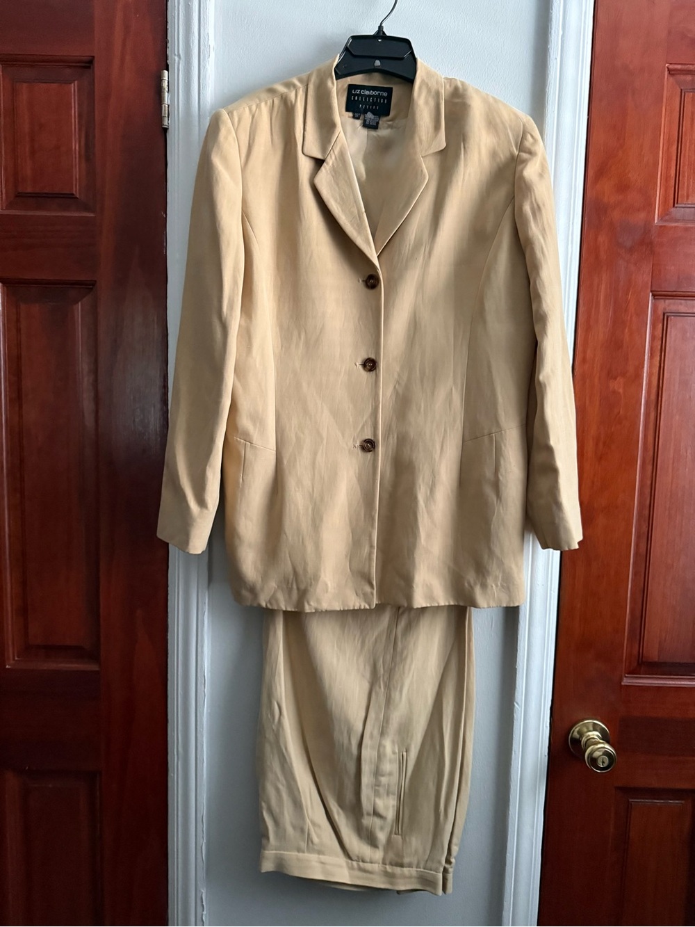 Liz Claiborne Petite 14P Beige Silk Linen Pant Suit Notch 3Btn Lined